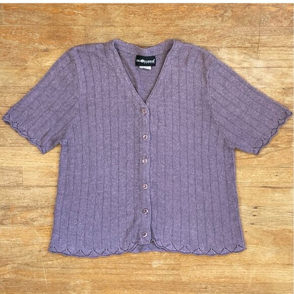 Vintage Knit Cardigan Top Size Large 90s Purple Eyelet Short Sleeve Button Down - Picture 1 of 4